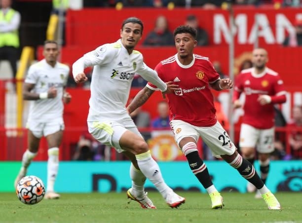Jadon Sancho of Manchester United in action during the Premier League match between Manchester United and Leeds United at Old Trafford on August 14,...