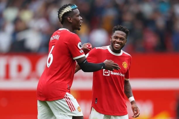 Fred and Paul Pogba of Manchester United interact during the Premier League match between Manchester United and Leeds United at Old Trafford on...