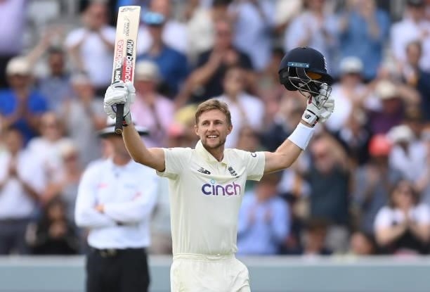 Joe Root of England celebrates reaching his century at Lord's Cricket Ground during the third day of the 2nd LV= Test match between England and India...