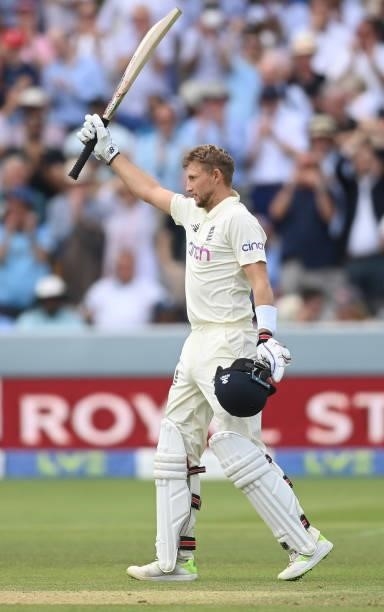 Joe Root of England celebrates reaching his century at Lord's Cricket Ground during the third day of the 2nd LV= Test match between England and India...