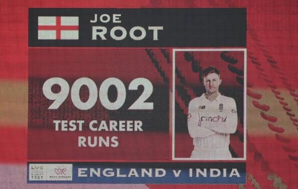 The big screen shows that England batsman Joe Root has passed 9000 Test runs during day three of the Second Test Match between England and India at...