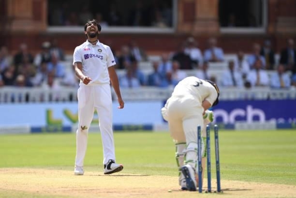 India bowler Ishant Sharma celebrates after bowling Jos Buttler during day three of the Second Test Match between England and India at Lord's Cricket...