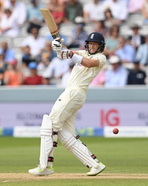 Joe Root of England hits out during the third day of the 2nd LV= Test match between England and India at Lord's Cricket Ground on August 14, 2021 in...