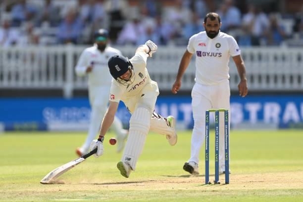 Joe Root of England stretches to make his ground after a quick run during the third day of the 2nd LV= Test match between England and India at Lord's...