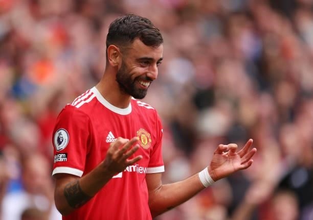 Bruno Fernandes of Manchester United celebrates after scoring a goal during the Premier League match between Manchester United and Leeds United at...
