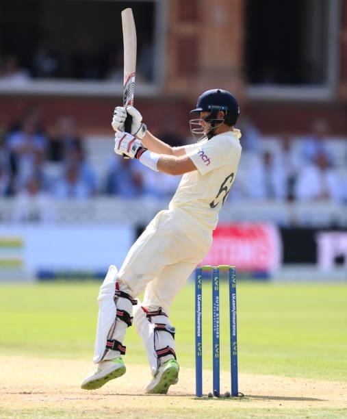 England batsman Joe Root hits out during day three of the Second Test Match between England and India at Lord's Cricket Ground on August 14, 2021 in...