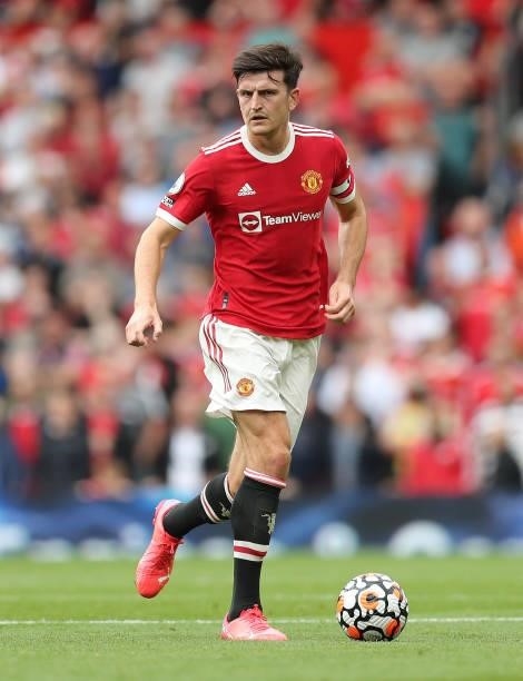 Harry Maguire of Manchester United during the Premier League match between Manchester United and Leeds United at Old Trafford on August 14, 2021 in...