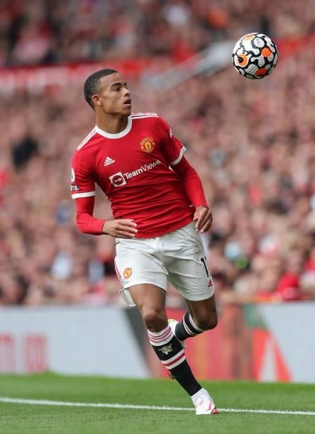 Mason Greenwood of Manchester United during the Premier League match between Manchester United and Leeds United at Old Trafford on August 14, 2021 in...