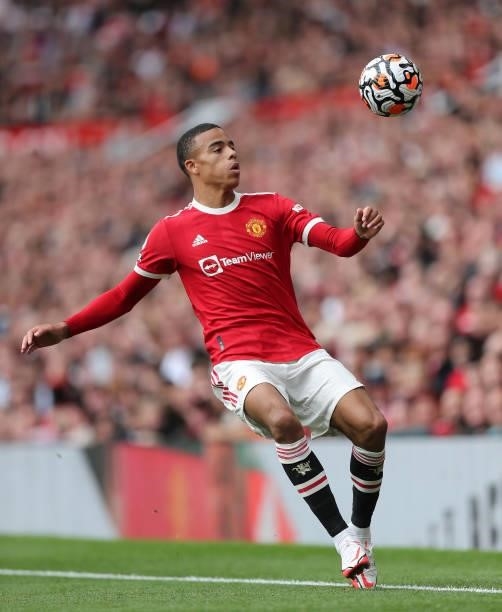 Mason Greenwood of Manchester United during the Premier League match between Manchester United and Leeds United at Old Trafford on August 14, 2021 in...