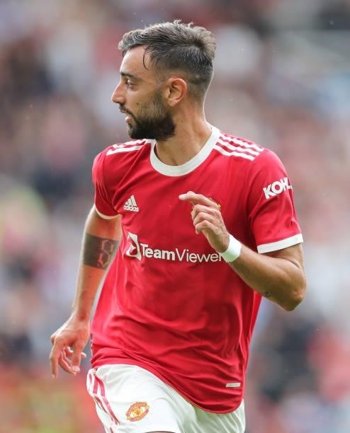 Bruno Fernandes of Manchester United during the Premier League match between Manchester United and Leeds United at Old Trafford on August 14, 2021 in...