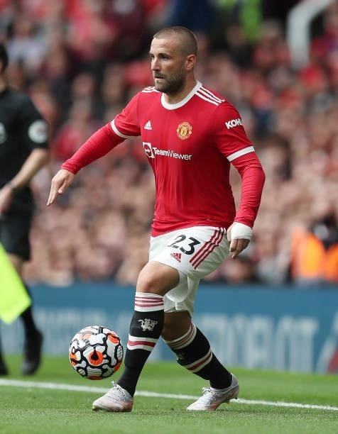 Luke Shaw of Manchester United during the Premier League match between Manchester United and Leeds United at Old Trafford on August 14, 2021 in...