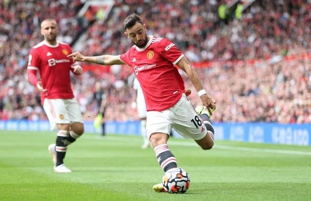Bruno Fernandes of Manchester United during the Premier League match between Manchester United and Leeds United at Old Trafford on August 14, 2021 in...