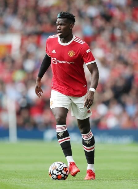 Paul Pogba of Manchester United during the Premier League match between Manchester United and Leeds United at Old Trafford on August 14, 2021 in...