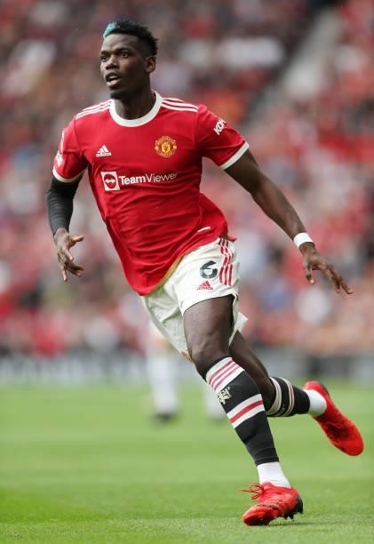 Paul Pogba of Manchester United during the Premier League match between Manchester United and Leeds United at Old Trafford on August 14, 2021 in...