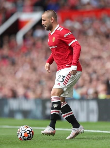 Luke Shaw of Manchester United during the Premier League match between Manchester United and Leeds United at Old Trafford on August 14, 2021 in...
