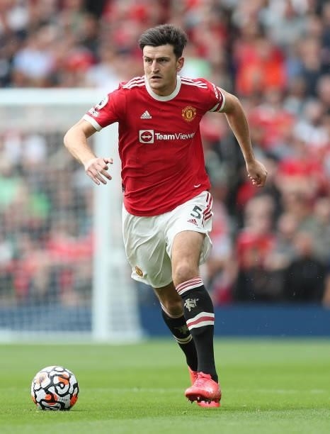Harry Maguire of Manchester United during the Premier League match between Manchester United and Leeds United at Old Trafford on August 14, 2021 in...