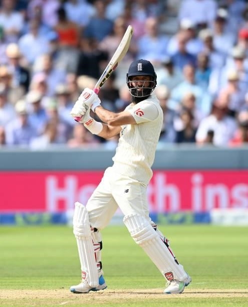 Moeen Ali of England bats during day three of the Second LV= Insurance Test Match between England and India at Lord's Cricket Ground on August 14,...