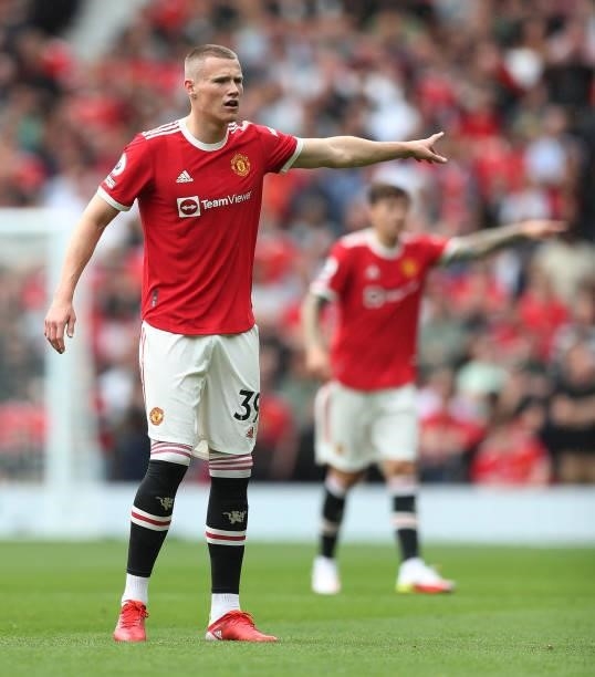 Scott McTominay of Manchester United during the Premier League match between Manchester United and Leeds United at Old Trafford on August 14, 2021 in...