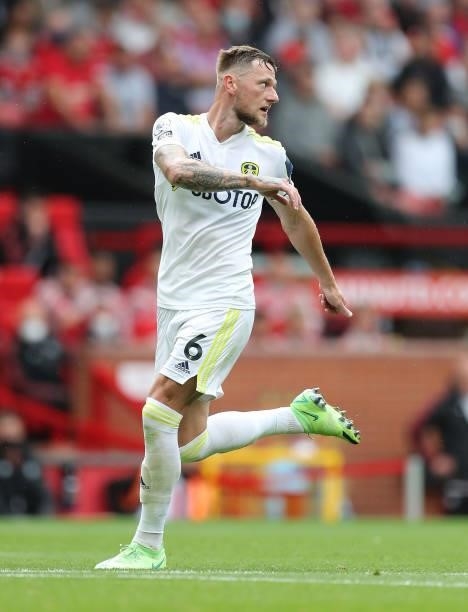 Liam Cooper of Leeds United during the Premier League match between Manchester United and Leeds United at Old Trafford on August 14, 2021 in...