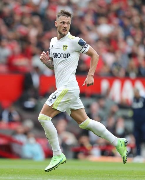 Liam Cooper of Leeds United during the Premier League match between Manchester United and Leeds United at Old Trafford on August 14, 2021 in...
