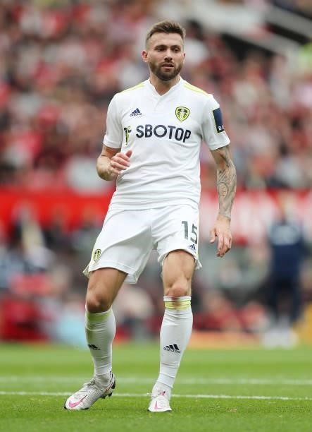 Stuart Dallas of Leeds United during the Premier League match between Manchester United and Leeds United at Old Trafford on August 14, 2021 in...