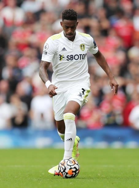 Junior Firpo of Leeds United during the Premier League match between Manchester United and Leeds United at Old Trafford on August 14, 2021 in...