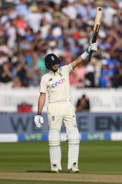 Joe Root of England celebrates reaching 150 during the Second LV= Insurance Test Match: Day Three between England and India at Lord's Cricket Ground...