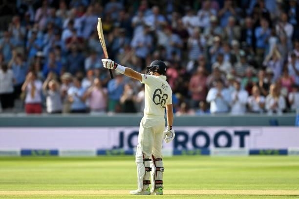 England captain Joe Root celebrates reaching his 150 during day three of the Second LV= Insurance Test Match between England and India at Lord's...