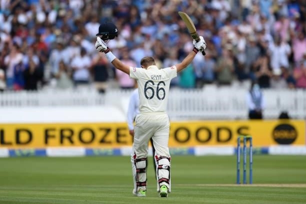 Joe Root of England celebrates reaching his century during the Second LV= Insurance Test Match: Day Three between England and India at Lord's Cricket...