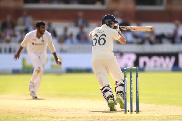England batsman Joe Root hits out during day three of the Second Test Match between England and India at Lord's Cricket Ground on August 14, 2021 in...