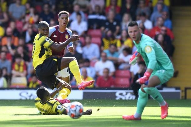 Jacob Ramsy of Aston Villa looks on after taking a shot at goal during the Premier League match between Watford and Aston Villa at Vicarage Road on...