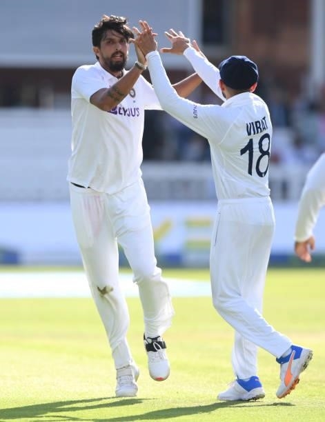 India bowler Ishant Sharma celebrates after taking the wicket of Sam Curran during day three of the Second Test Match between England and India at...