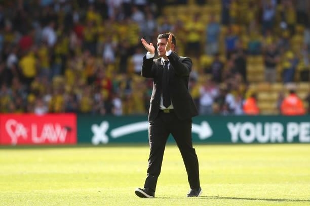 Xisco Munoz, Manager of Watford celebrates following victory in the Premier League match between Watford and Aston Villa at Vicarage Road on August...