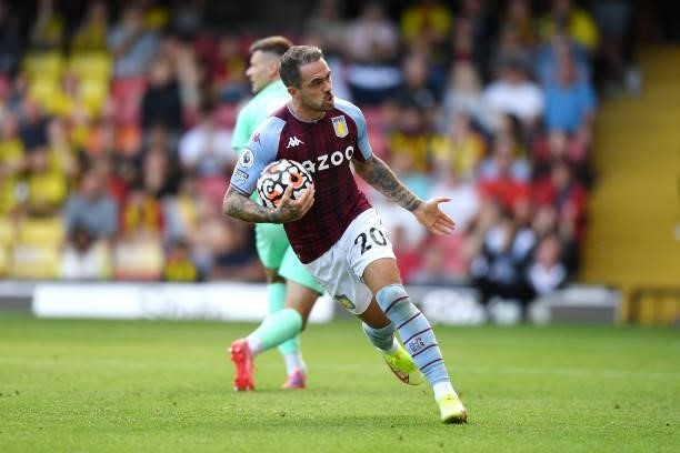 Danny Ings of Aston Villa celebrates after scoring their side's second goal from the penalty spot during the Premier League match between Watford and...