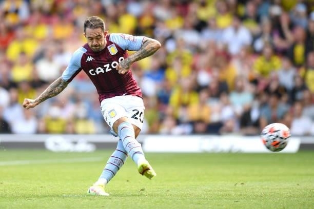 Danny Ings of Aston Villa scores their side's second goal from the penalty spot during the Premier League match between Watford and Aston Villa at...