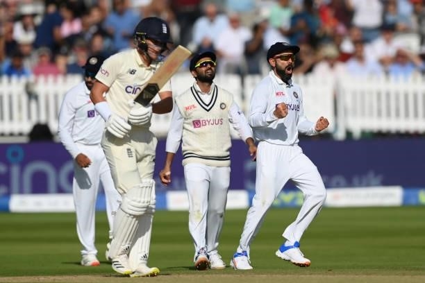 Virat Kohli of India celebrates the wicket of Sam Curran of England during the Second LV= Insurance Test Match: Day Three between England and India...