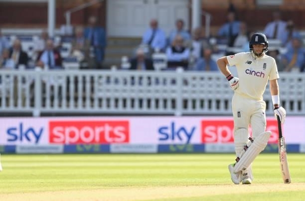 Joe Root of England looks on during the third day of the 2nd LV= Test match between England and India at Lord's Cricket Ground on August 14, 2021 in...