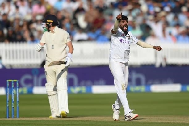 Mohammed Siraj of India appeals successfully for lbw against Ollie Robinson of England during the Second LV= Insurance Test Match: Day Three between...