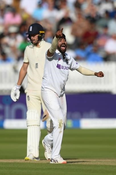 Mohammed Siraj of India appeals successfully for lbw against Ollie Robinson of England during the Second LV= Insurance Test Match: Day Three between...