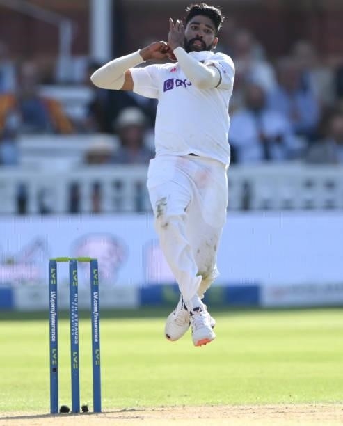 India bowler Mohammed Siraj in action during day three of the Second Test Match between England and India at Lord's Cricket Ground on August 14, 2021...