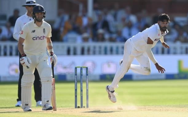 India bowler Mohammed Siraj in action during day three of the Second Test Match between England and India at Lord's Cricket Ground on August 14, 2021...