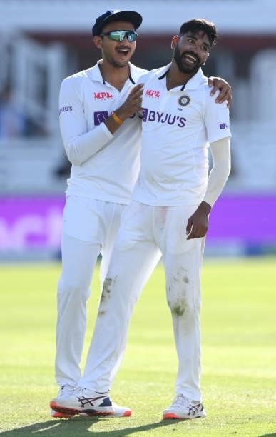 India bowler Mohammed Siraj is congratulated after taking the wicket of Ollie Robinson during day three of the Second Test Match between England and...