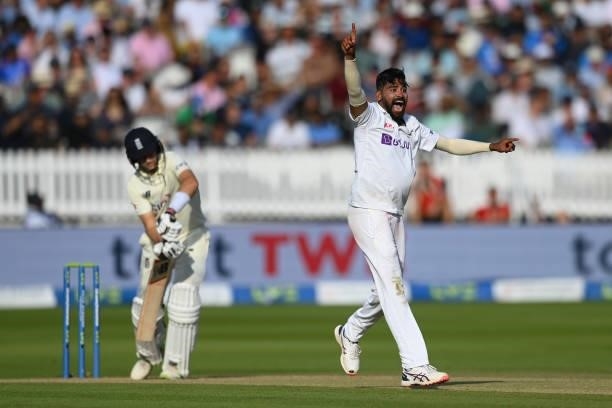 Mohammed Siraj of India pleads unsuccessfully for lbw against Joe Root of England during the Second LV= Insurance Test Match: Day Three between...