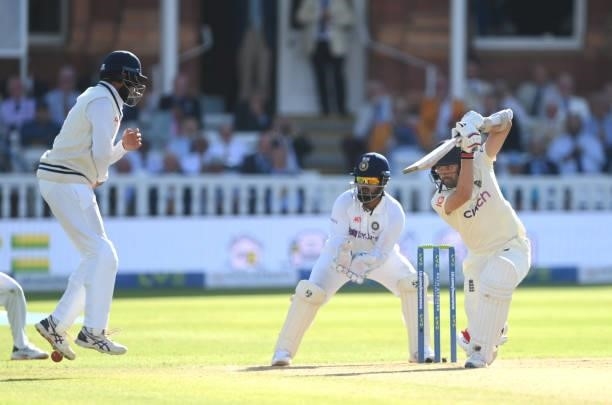 England batsman Mark Wood hits out during day three of the Second Test Match between England and India at Lord's Cricket Ground on August 14, 2021 in...