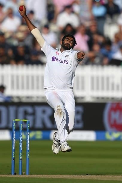 Jasprit Bumrah of India in action during the Second LV= Insurance Test Match: Day Three between England and India at Lord's Cricket Ground on August...