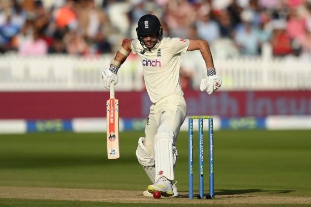 Jimmy Anderson of England kicks the ball away from his stumps during the Second LV= Insurance Test Match: Day Three between England and India at...