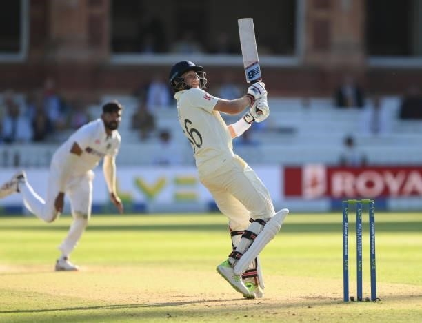 England batsman Joe Root plays a ramp shot for 4 runs off bowler Mohammed Siraj during day three of the Second Test Match between England and India...