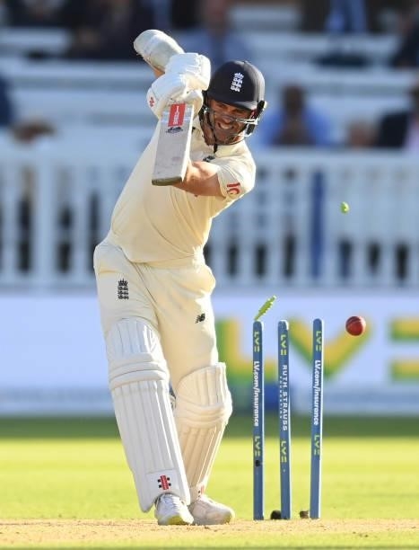 James Anderson of England is bowled by Mohammed Shami of India during the third day of the 2nd LV= Test match between England and India at Lord's...