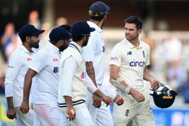 Jimmy Anderson of England has words with some of the Indian team at the end of the Second LV= Insurance Test Match: Day Three between England and...