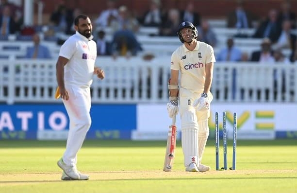 James Anderson of England is bowled by Mohammed Shami of India during the third day of the 2nd LV= Test match between England and India at Lord's...
